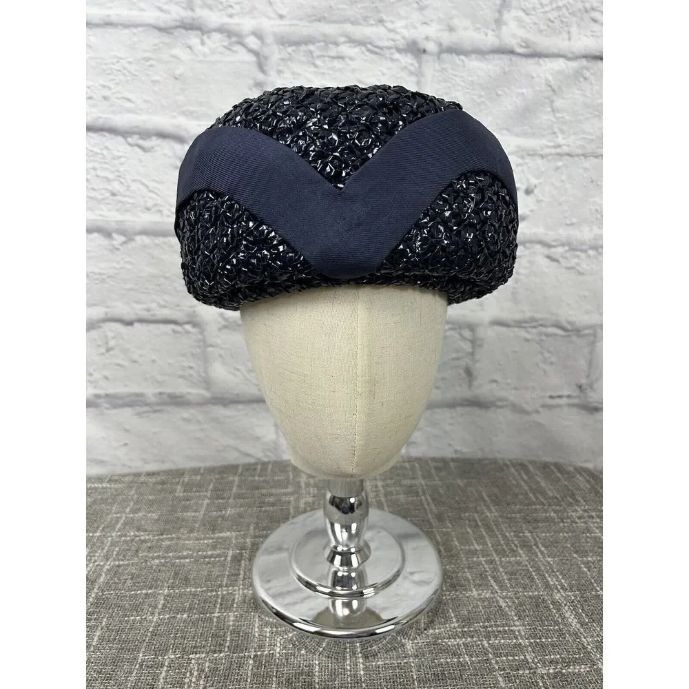 Vintage Trebor 1950s Lacquered Raffia Woven Hat Turban Bubble Navy Blue With Box